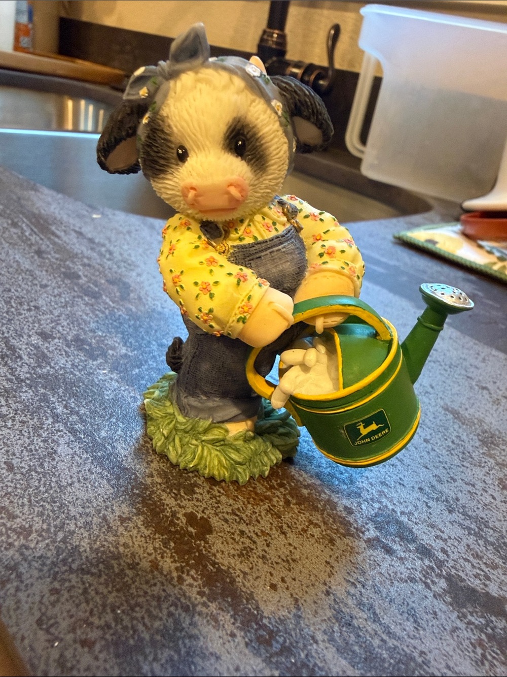 Enesco Mary MoosCow Figurine in Yellow Floral Shirt with Green Watering Can